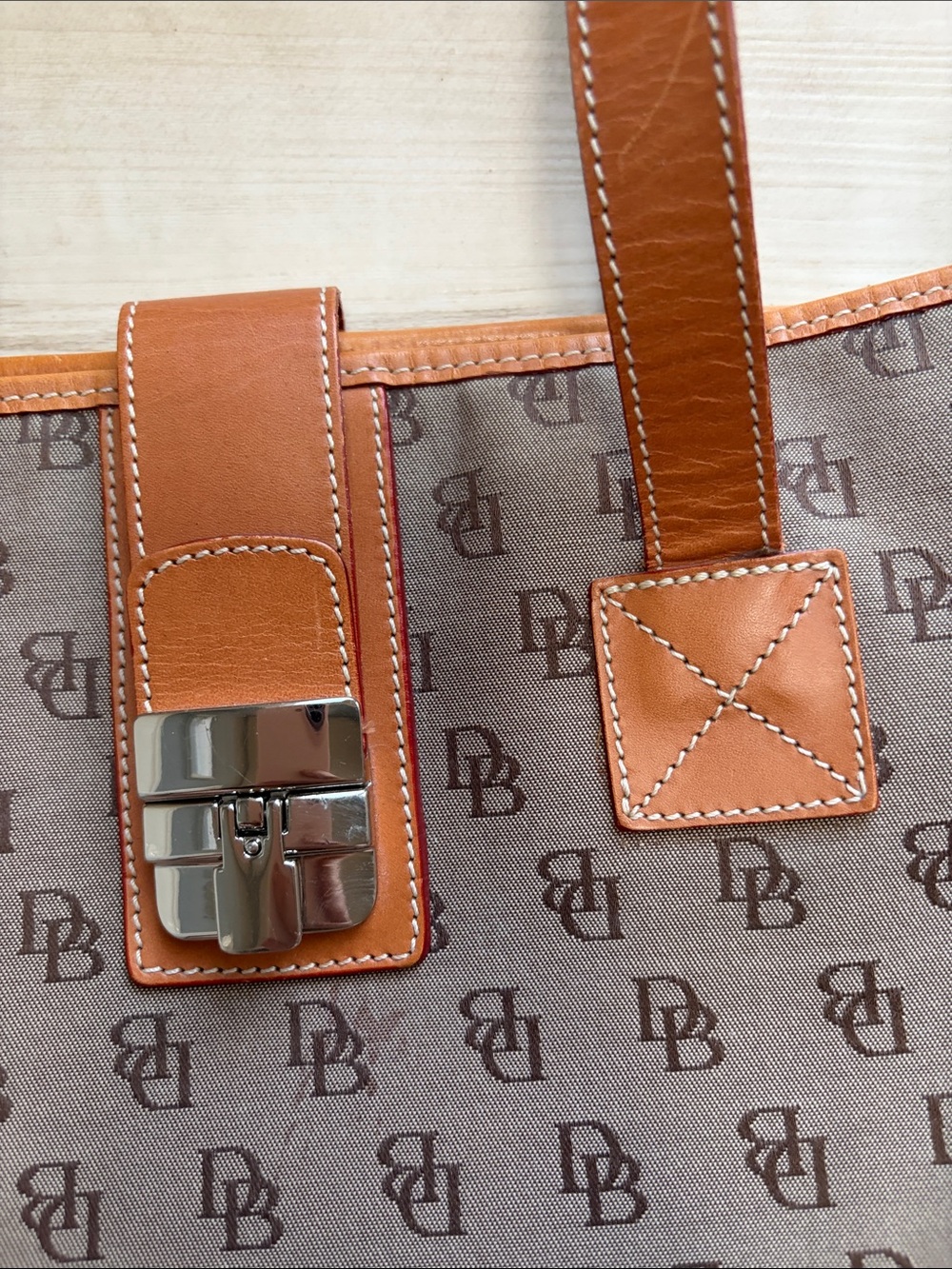 Dooney & Bourke Brown Monogram Tote with Tan Leather Trim - Picture 4 of 11